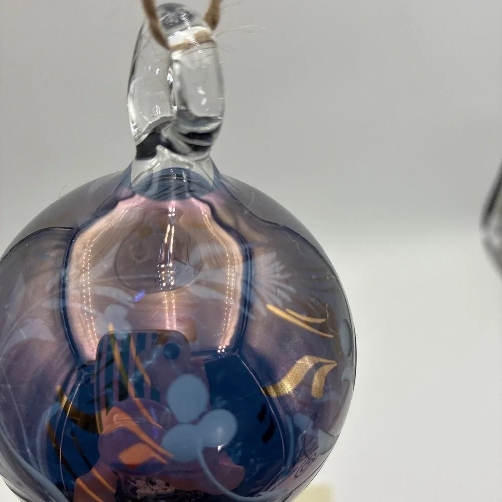Vintage Purple Iridescent Hand Blown Glass Teardrop Ornament Gold Floral 8.5